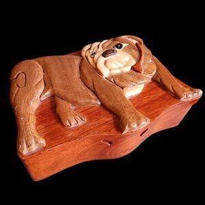 Hand-Carved Wooden Bulldog Puzzle Trinket Jewelry Box Hidden Compartment Hawaii